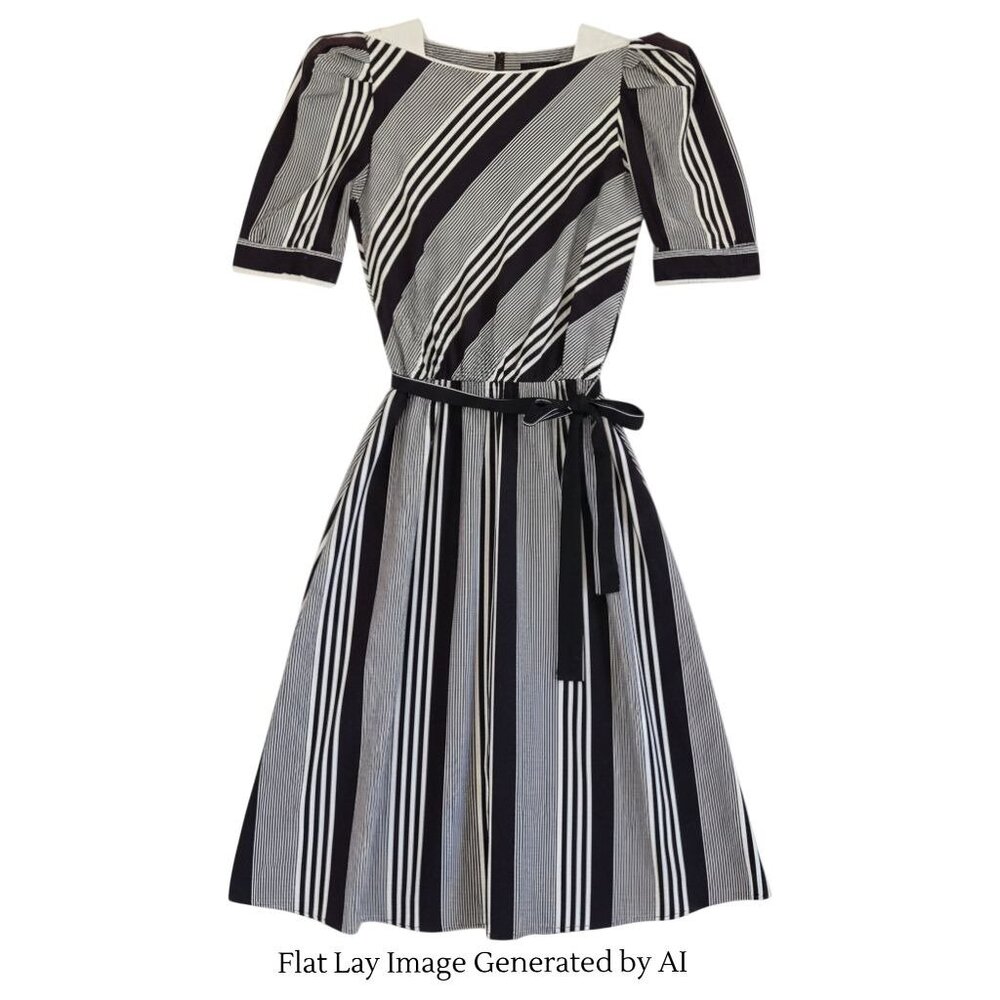 Vintage Brown & White Striped Midi Dress | Handmade 1980s Elastic Waist - Picture 6 of 16
